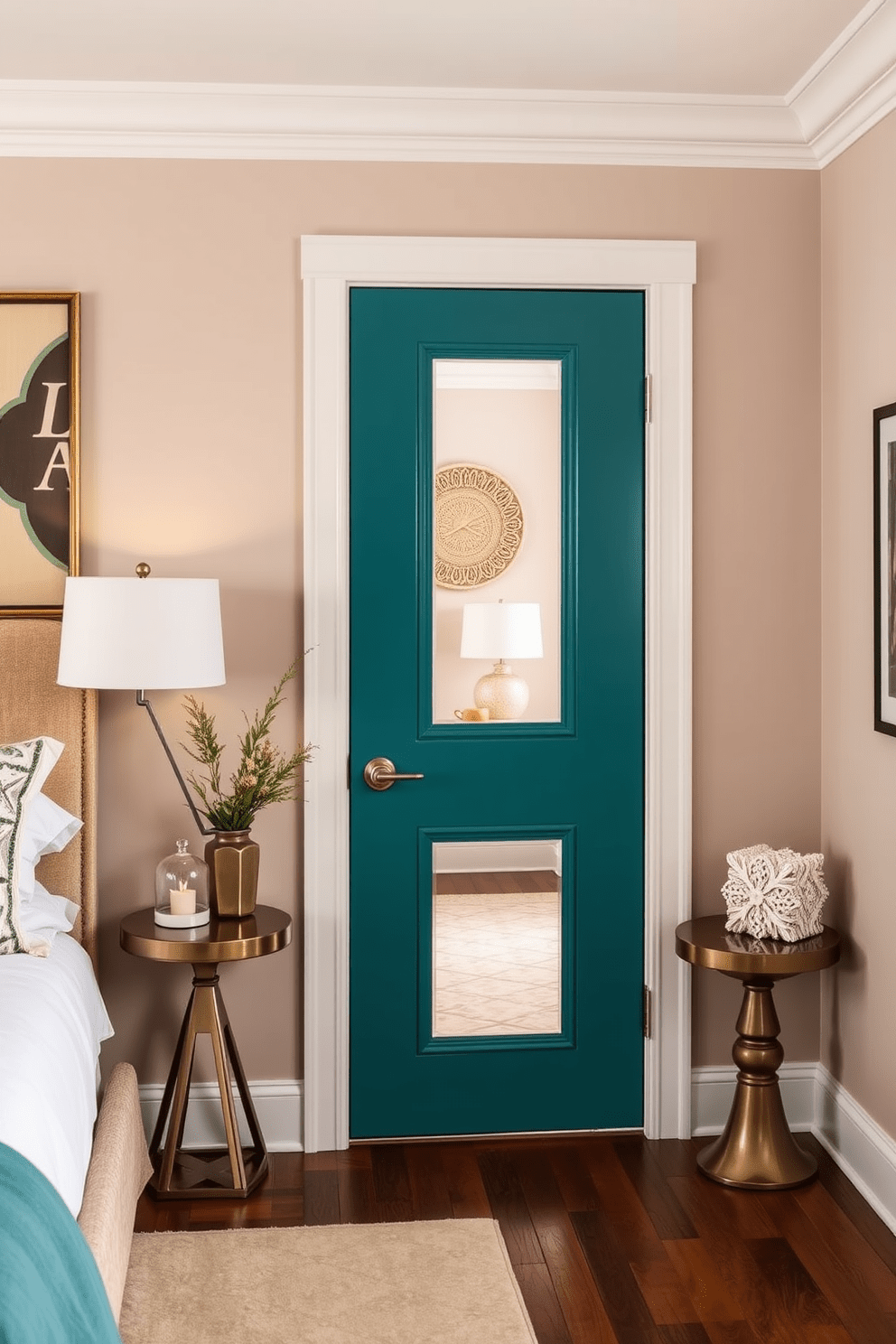 A bold color door serves as a vibrant accent in a stylish bedroom. The door features a rich teal hue that contrasts beautifully with the soft neutral tones of the surrounding walls. The door's sleek design includes modern hardware that enhances its contemporary appeal. Surrounding the door, a cozy entry nook is adorned with decorative elements that complement the bold color choice.