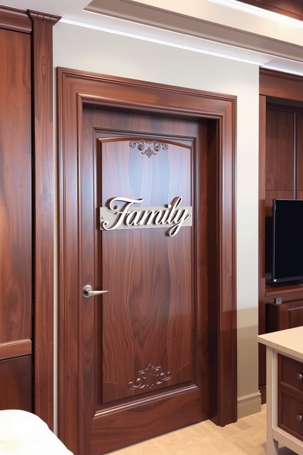 Custom door featuring a family name sign crafted from elegant wood. The door design incorporates intricate carvings and a sleek finish, enhancing the overall aesthetic of the bedroom entrance.