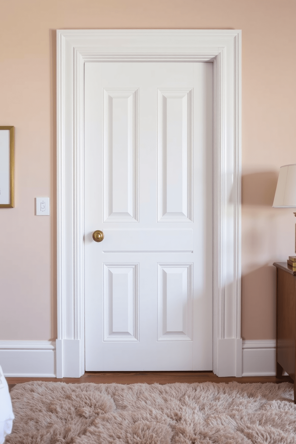 A classic white door with elegant trim serves as a stunning focal point in a stylish bedroom. The door features intricate molding details and a polished brass doorknob that adds a touch of sophistication. Surrounding the door, soft pastel wall colors enhance its brightness and create a serene atmosphere. A plush area rug in muted tones complements the overall design, inviting warmth and comfort into the space.