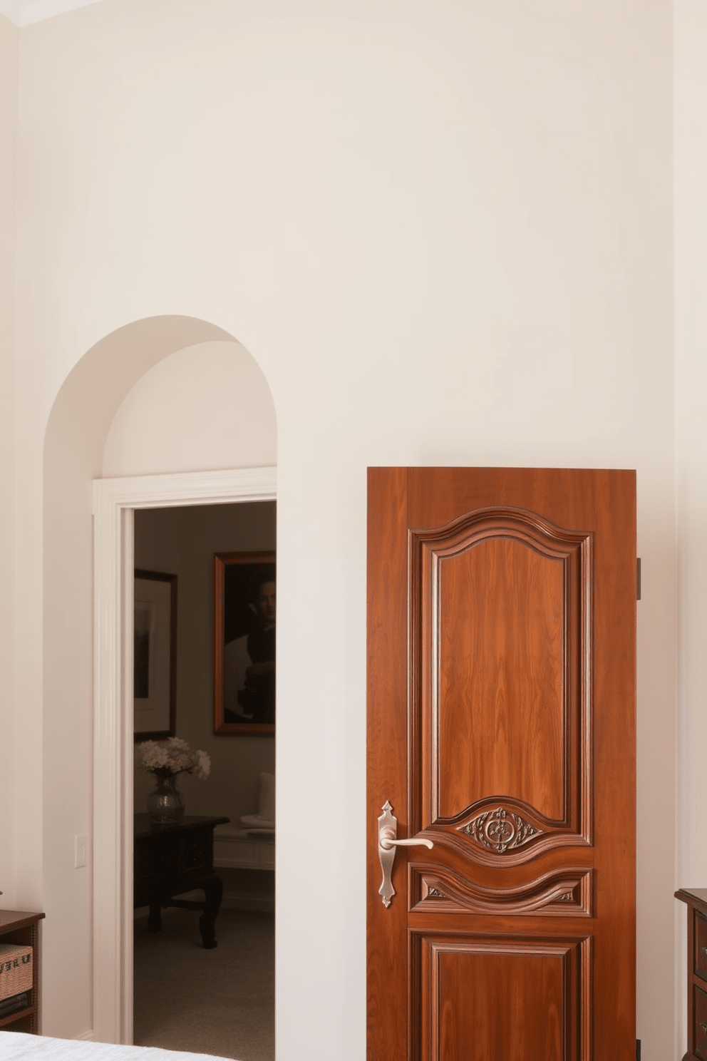 A striking bedroom door featuring an arched top that adds architectural interest to the space. The door is crafted from rich mahogany with intricate carvings that enhance its elegance and charm. The soft color palette complements the surrounding decor, creating a cohesive look. A stylish door handle in brushed brass completes the design, providing a modern touch to this classic feature.