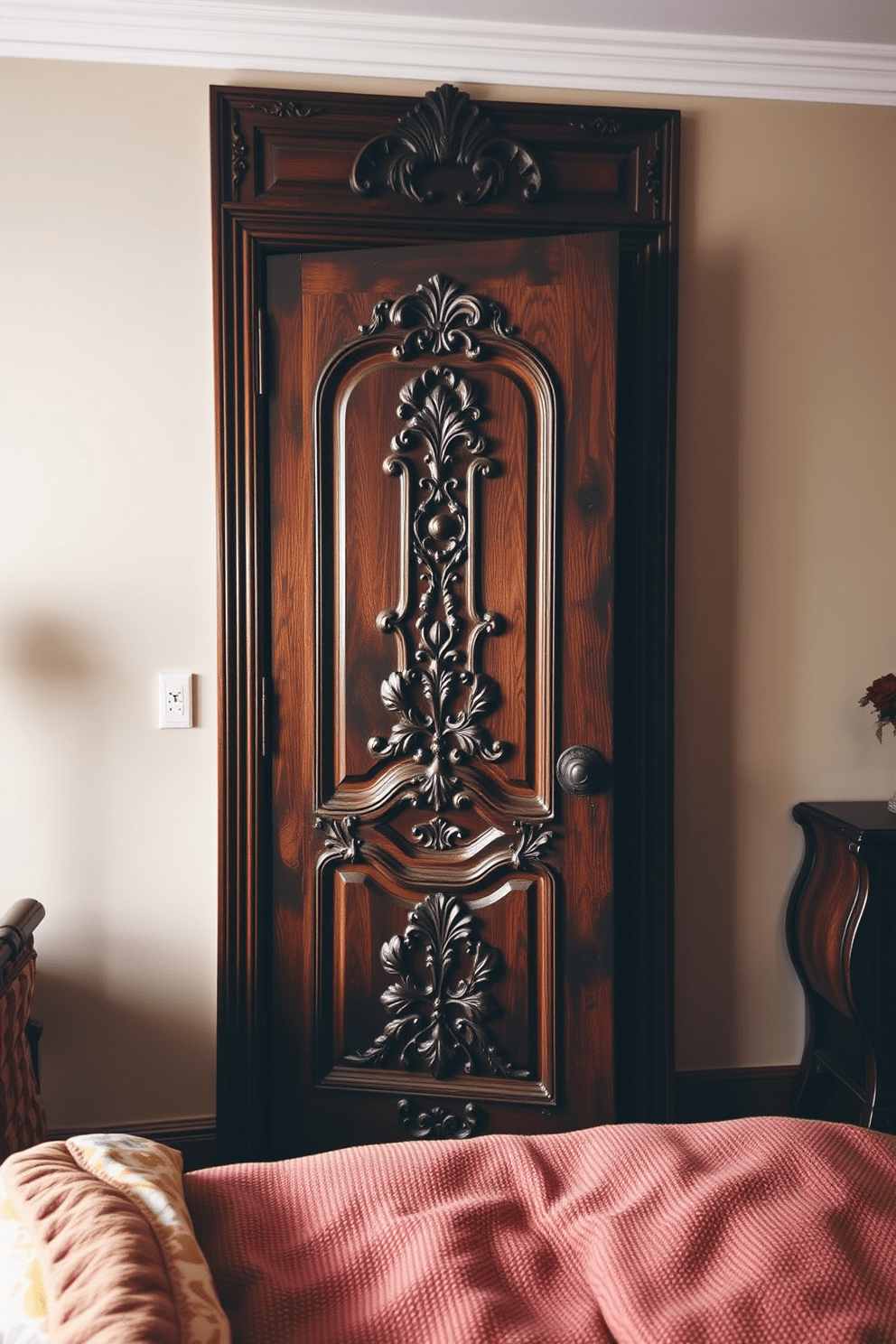 A vintage door with intricate carvings stands as a stunning focal point in a cozy bedroom. The rich wood finish highlights the craftsmanship, while the ornate details add a touch of elegance to the overall decor. Soft, ambient lighting casts gentle shadows on the door, enhancing its textures. Surrounding the door, the bedroom features warm tones and plush furnishings that complement the vintage aesthetic.