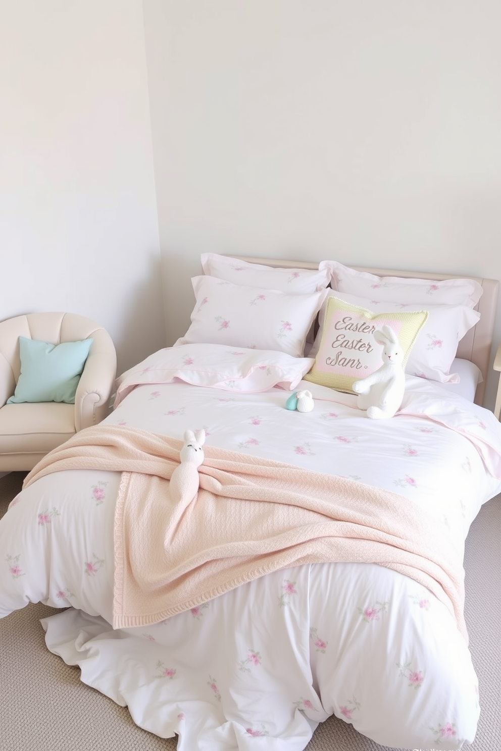 A serene bedroom setting featuring Easter themed bedding in soft pastel colors. The duvet cover showcases delicate floral patterns, complemented by matching pillowcases and a cozy throw blanket at the foot of the bed. The walls are painted in a light, airy hue, enhancing the cheerful ambiance. Decorative elements include a small bunny figurine and pastel-colored cushions on a plush armchair in the corner.