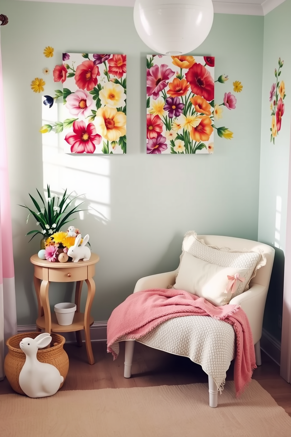 Floral wall art depicting vibrant spring flowers adorns the walls, creating a cheerful and inviting atmosphere. Soft pastel colors blend harmoniously, enhancing the overall brightness of the room while complementing the bedding and decor. Easter-themed decorations are tastefully arranged around the room, including decorative eggs and bunny figurines. A cozy reading nook features a plush chair and a small side table, adorned with a seasonal floral arrangement.