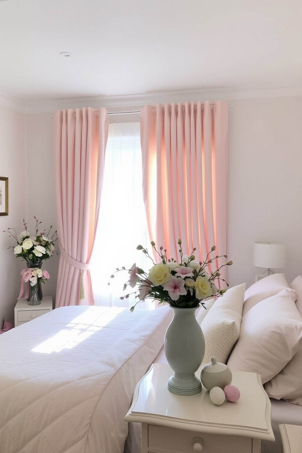 A serene bedroom adorned with soft pastel curtains that gently filter the sunlight, creating a fresh and airy atmosphere. The walls are painted in a light hue, complementing the delicate tones of the curtains, while plush bedding invites relaxation and comfort. Decorative Easter elements are tastefully arranged throughout the room, featuring subtle floral accents and pastel-colored accessories. A charming centerpiece on the bedside table showcases an elegant vase filled with seasonal blooms, adding a festive touch to the serene space.