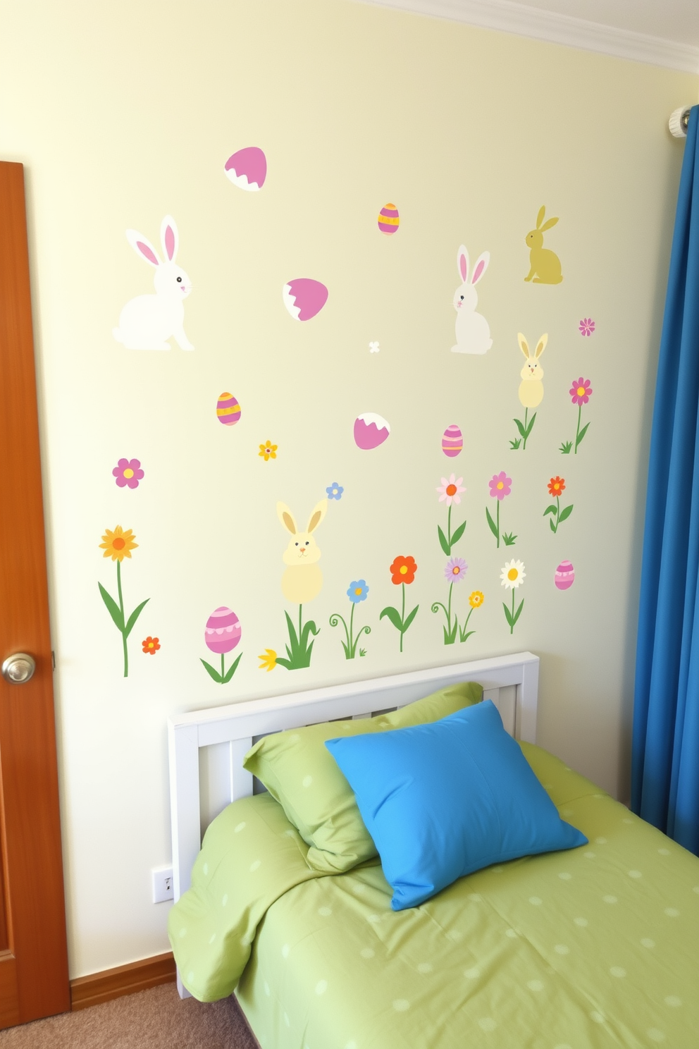 Easter themed wall decals create a playful atmosphere in the bedroom. The decals feature colorful bunnies, eggs, and spring flowers that enhance the festive spirit.