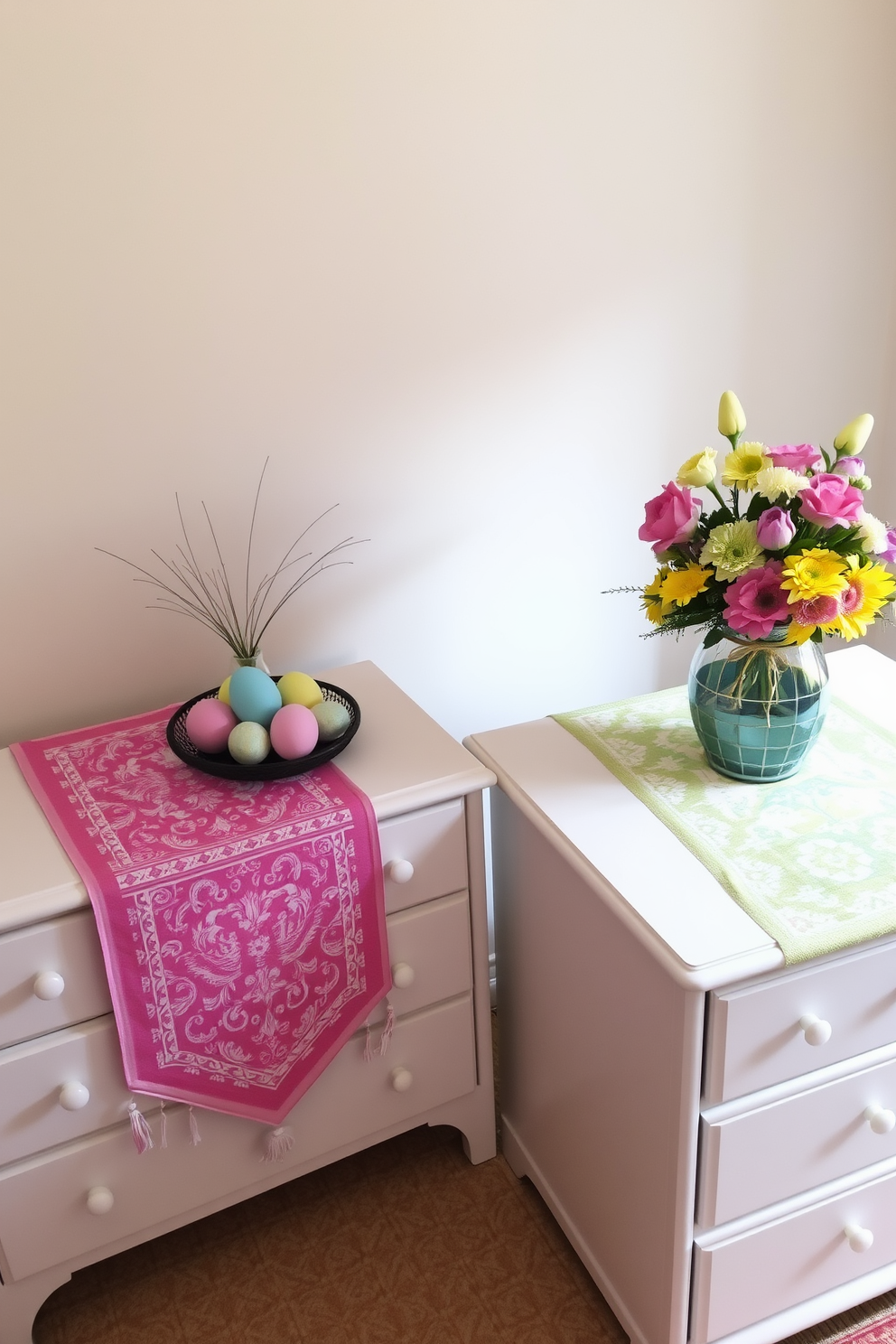 Brightly colored table runners are elegantly draped over dressers, adding a vibrant touch to the bedroom decor. Each runner features intricate patterns that complement the overall Easter theme, creating a cheerful and inviting atmosphere. Decorative eggs in pastel hues are artfully arranged alongside fresh flowers, enhancing the festive spirit of the room. Soft lighting casts a warm glow, highlighting the beauty of the Easter decorations and creating a cozy ambiance.