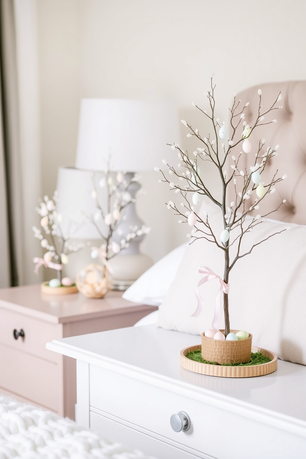 A cozy bedroom adorned with miniature Easter trees on each nightstand. The trees are decorated with pastel-colored eggs and delicate ribbons, adding a festive touch to the serene space.