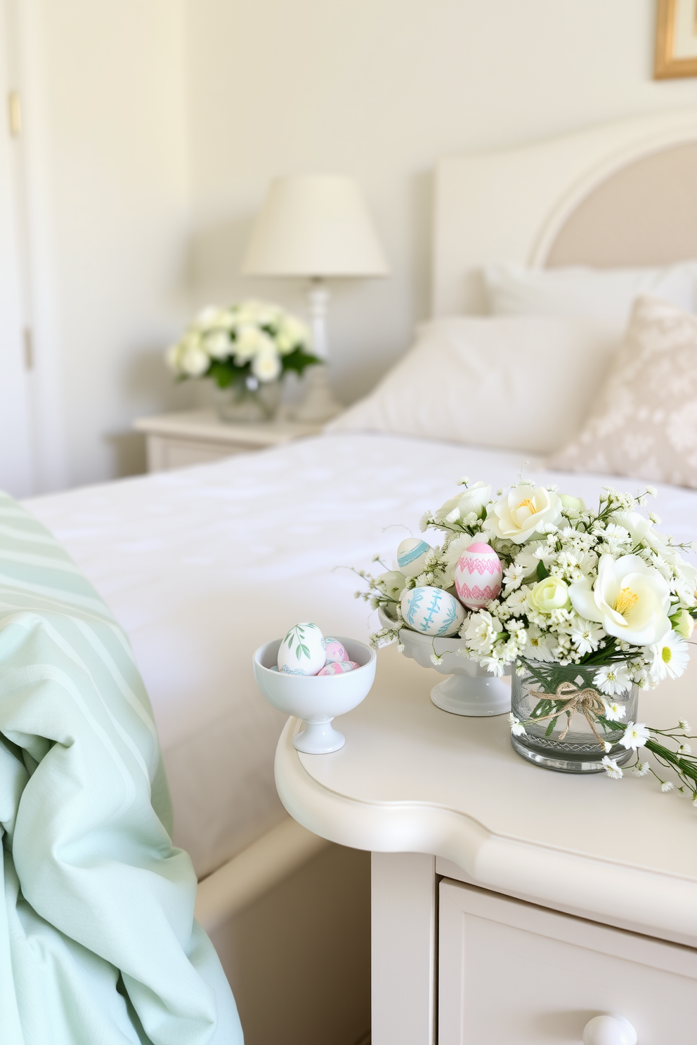 A cozy bedroom setting featuring hand-painted eggs displayed in decorative bowls on a bedside table. The room is adorned with soft pastel colors, and a light floral arrangement complements the festive Easter theme.