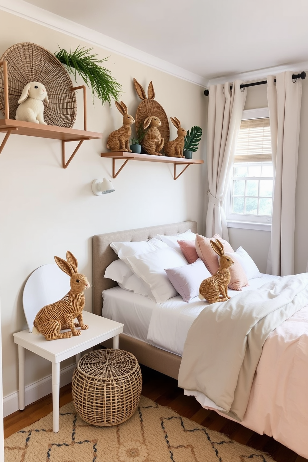 A cozy bedroom adorned with rattan bunny decor that brings a natural touch to the space. The bunnies are placed on shelves and the bedside table, complementing soft pastel colors in the bedding and curtains.