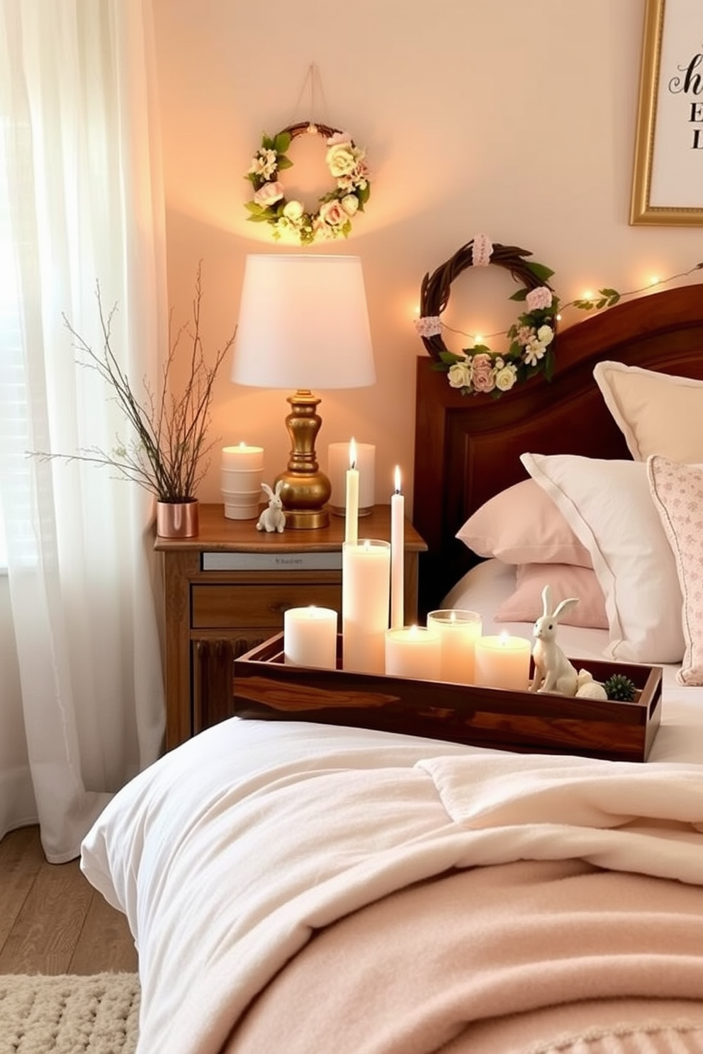 A cozy bedroom adorned with seasonal scented candles to create a warm ambiance. The candles are arranged on a wooden nightstand beside a plush bed dressed in pastel linens, with delicate Easter decorations such as floral wreaths and bunny figurines enhancing the festive atmosphere.