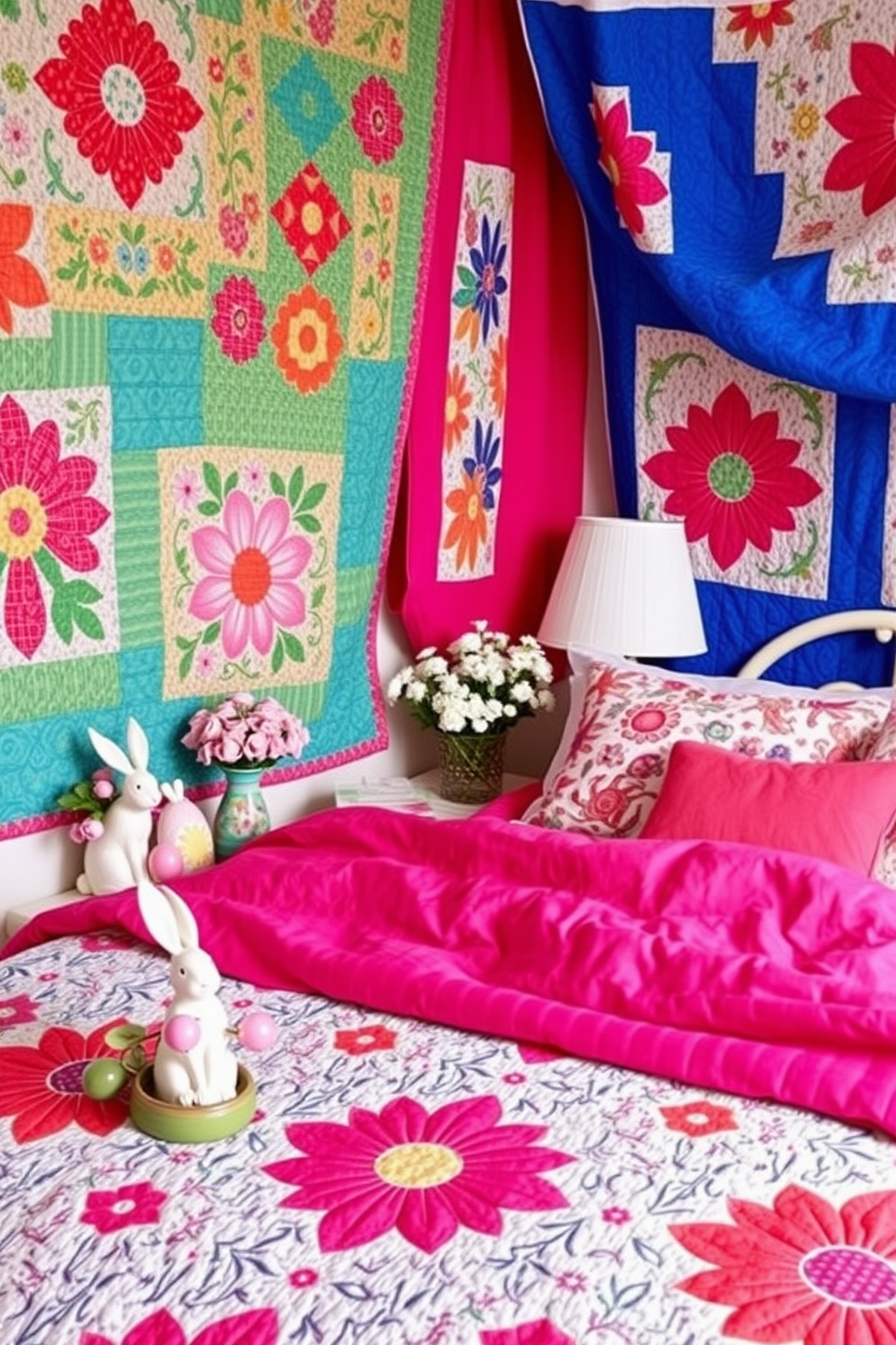 A cozy bedroom adorned with colorful quilts that add vibrancy to the space. The quilts feature various patterns and hues, creating a cheerful and inviting atmosphere. Easter decorations are thoughtfully arranged throughout the room. Delicate pastel accents, such as bunny figurines and floral arrangements, complement the colorful quilts beautifully.