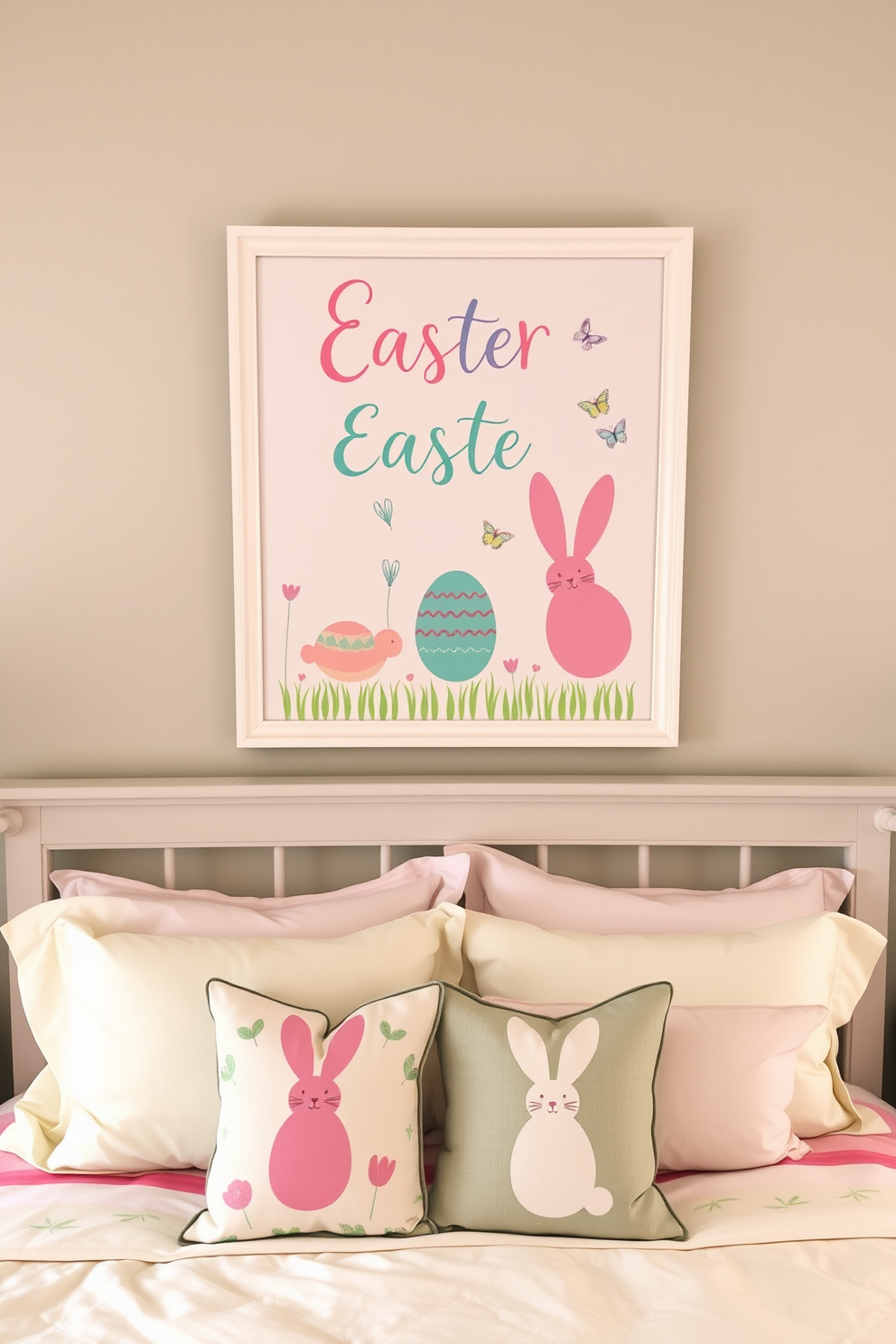 Easter themed artwork is hung above the bed creating a festive focal point. The artwork features pastel colors and whimsical designs that evoke the spirit of the holiday. The bedding is adorned with soft spring hues, complementing the artwork beautifully. Decorative pillows with Easter motifs add an inviting touch to the overall decor.