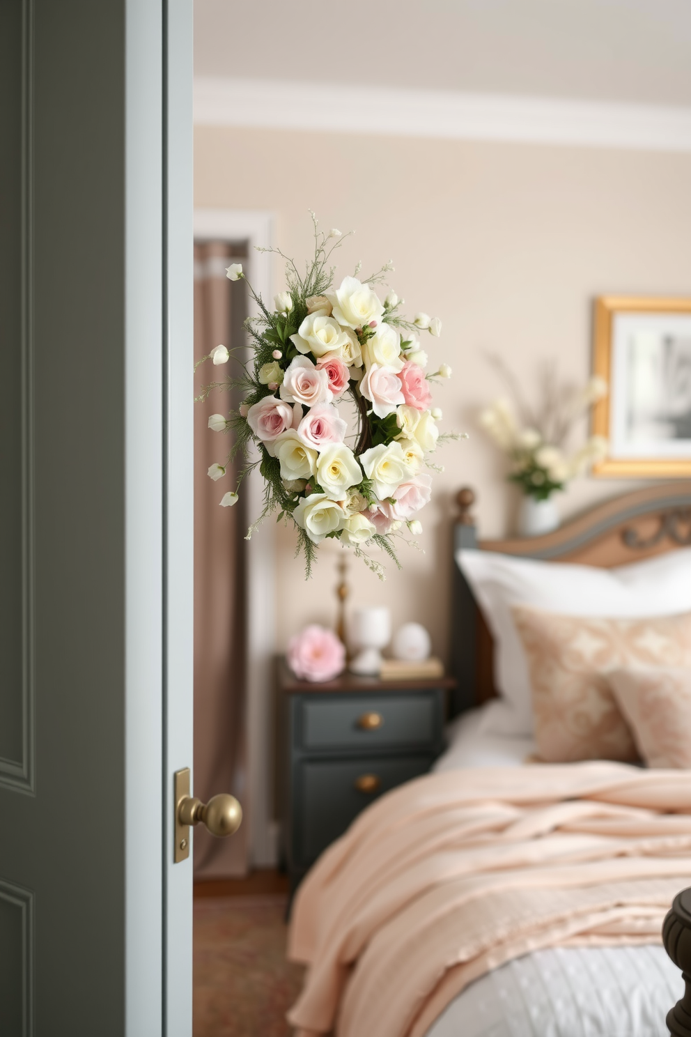 A charming bedroom entrance adorned with a beautiful floral wreath. The wreath features an array of pastel-colored flowers and delicate greenery, creating a welcoming and festive atmosphere for Easter. Elegant Easter decorations enhance the cozy bedroom space. Soft pastel accents are incorporated throughout, including decorative pillows and a seasonal throw blanket on the bed.