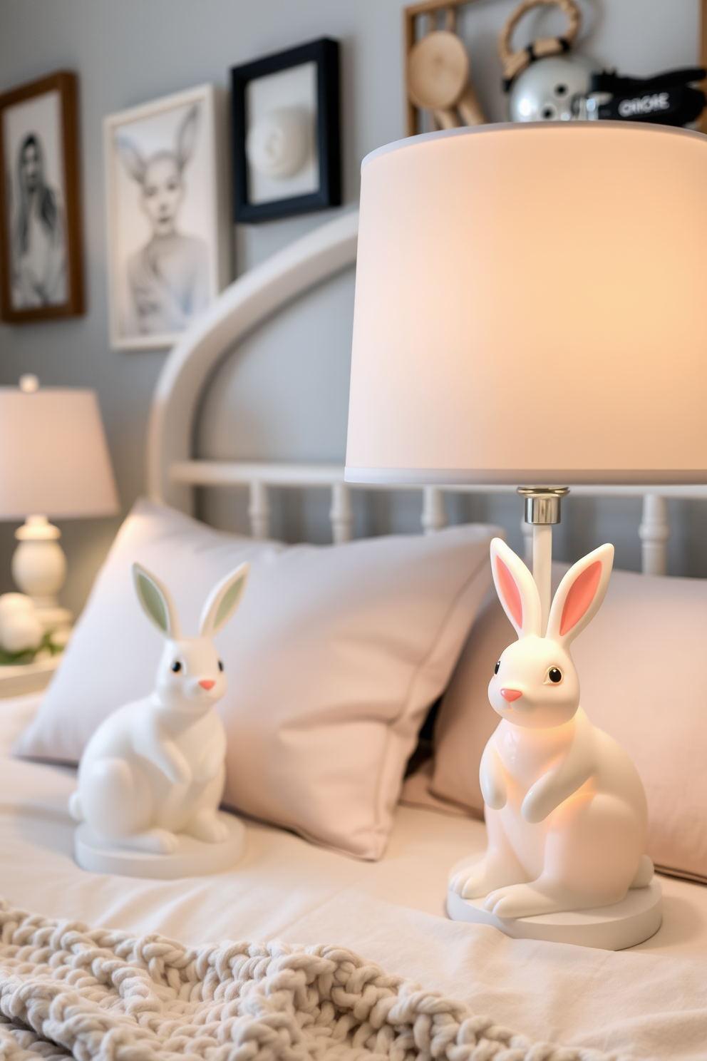 A charming bedroom setting featuring bunny themed table lamps on either side of a cozy bed. The lamps have soft pastel colors and whimsical designs, adding a playful touch to the Easter decorating theme.