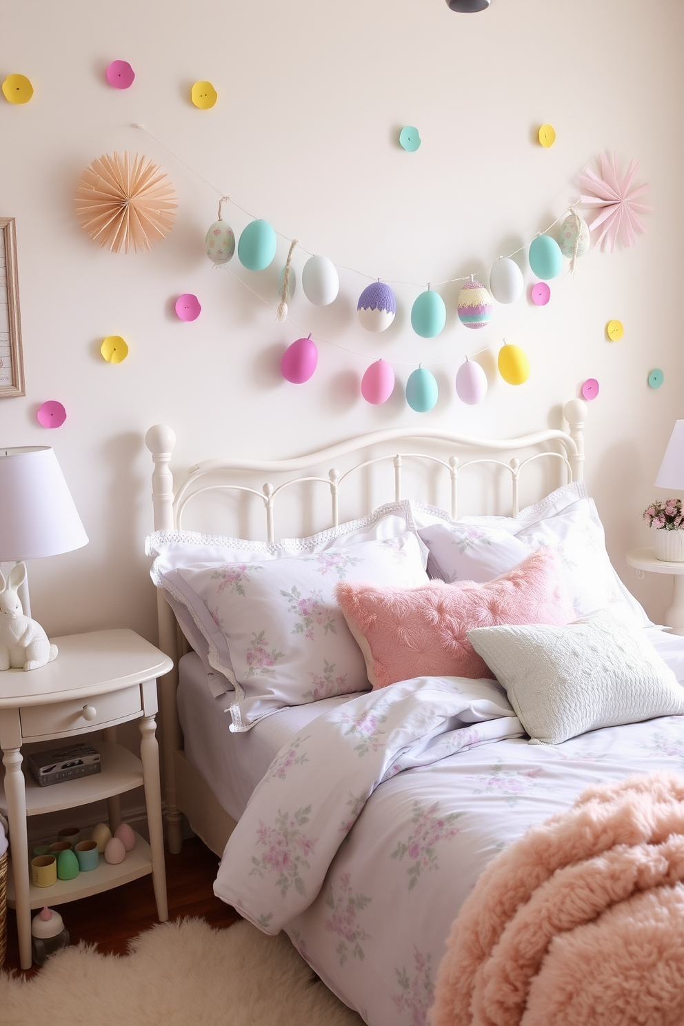 A whimsical bedroom setting inspired by an Easter egg hunt. Colorful pastel decorations adorn the walls, with hand-painted wooden eggs scattered throughout the room. A cozy bed is dressed in soft, floral-patterned linens, complemented by plush pillows in shades of lavender and mint. A cheerful bunny figurine sits on the nightstand, while a garland of paper eggs hangs above the headboard.