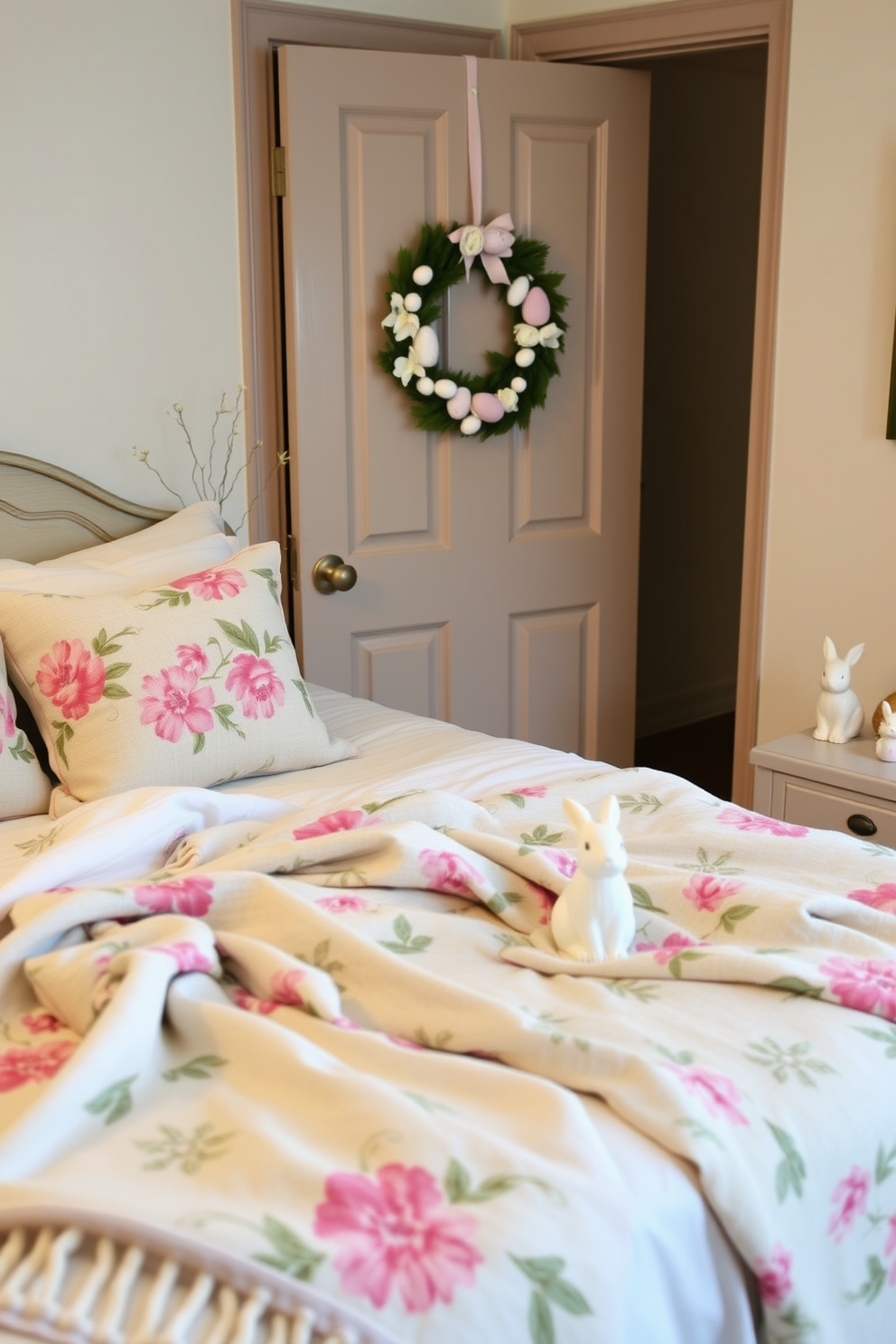 A cozy bedroom setting adorned with floral throw blankets that add warmth and charm. The bed is dressed in soft, neutral linens, and the walls are painted in a calming pastel hue. Easter decorations are tastefully arranged throughout the room, featuring pastel-colored eggs and delicate bunny figurines. A cheerful spring wreath hangs on the door, welcoming the season's festive spirit.