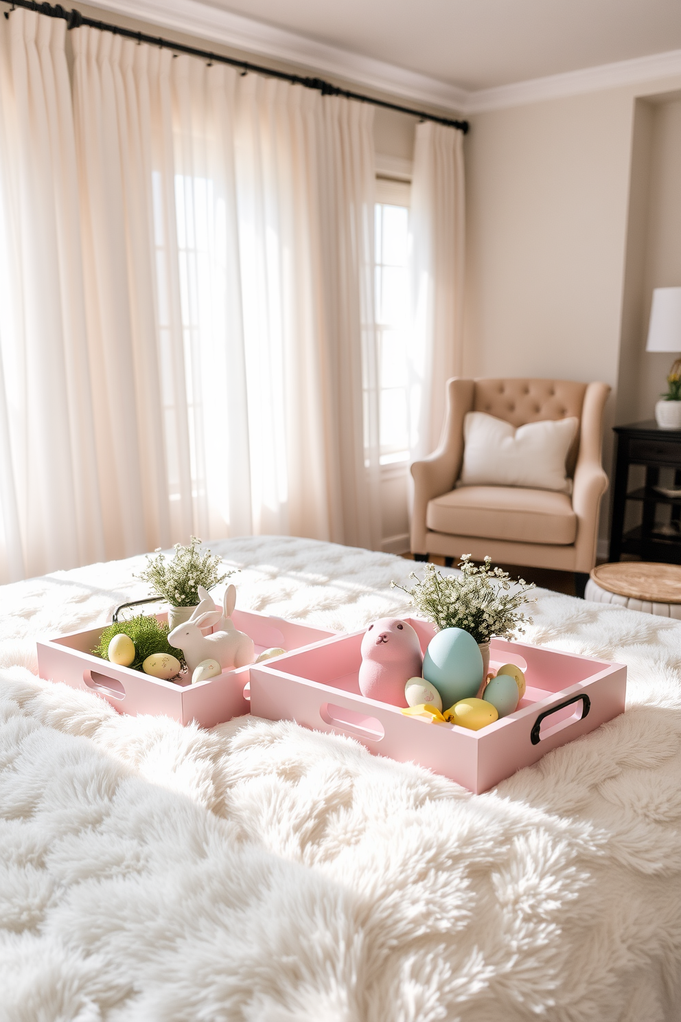 A beautifully styled bedroom featuring decorative trays adorned with seasonal accents. The trays are placed on a plush bedspread, showcasing pastel colors and Easter-themed decorations like small bunnies and colorful eggs. Soft natural light filters through sheer curtains, enhancing the serene atmosphere. A cozy armchair in the corner complements the decor, inviting relaxation and comfort.