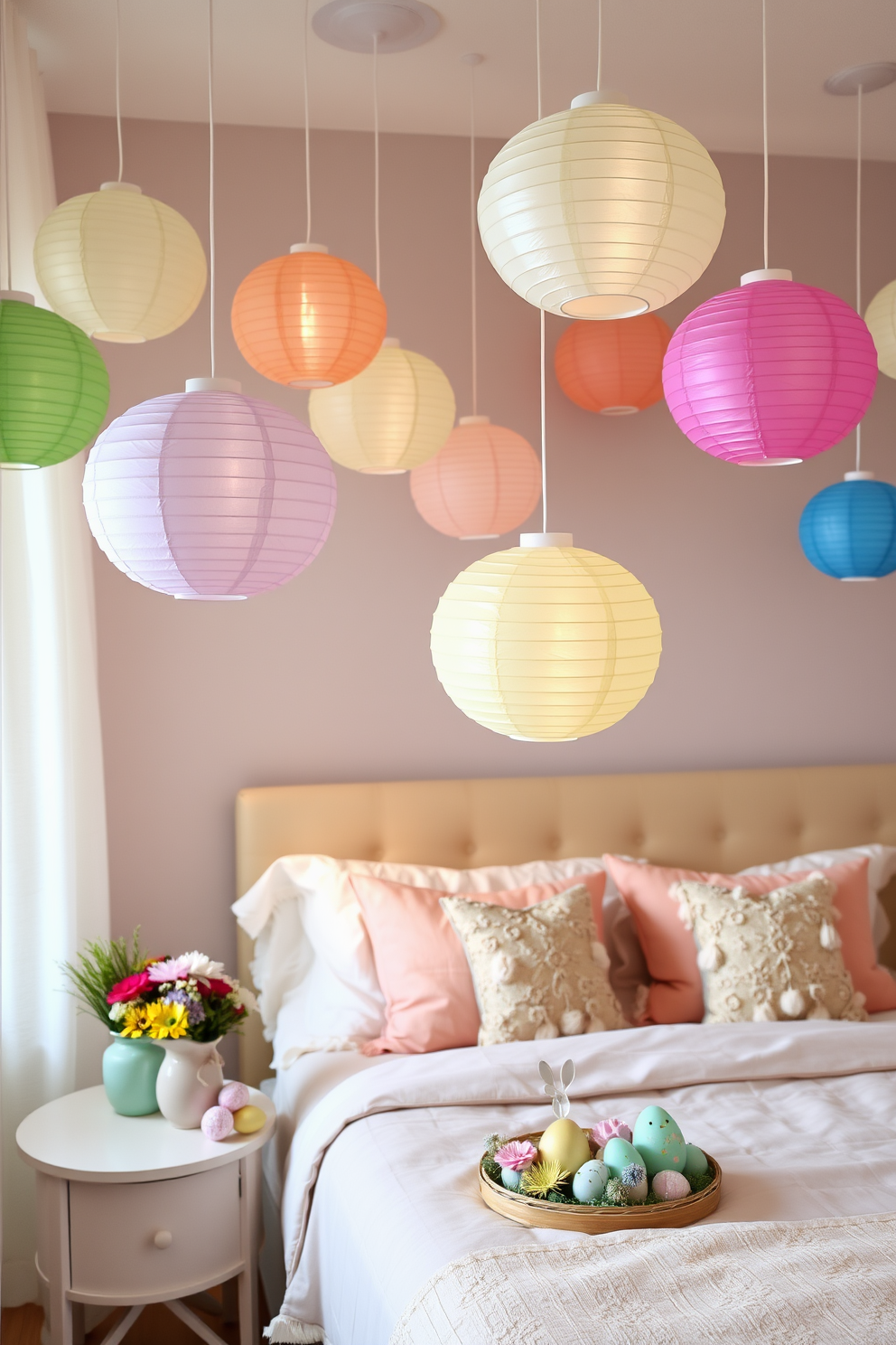 Create a cozy bedroom setting adorned with hanging paper lanterns in various colors to add a festive flair. The room features a neatly made bed with pastel-colored linens and decorative pillows, while a small table holds Easter-themed decorations like colorful eggs and spring flowers.