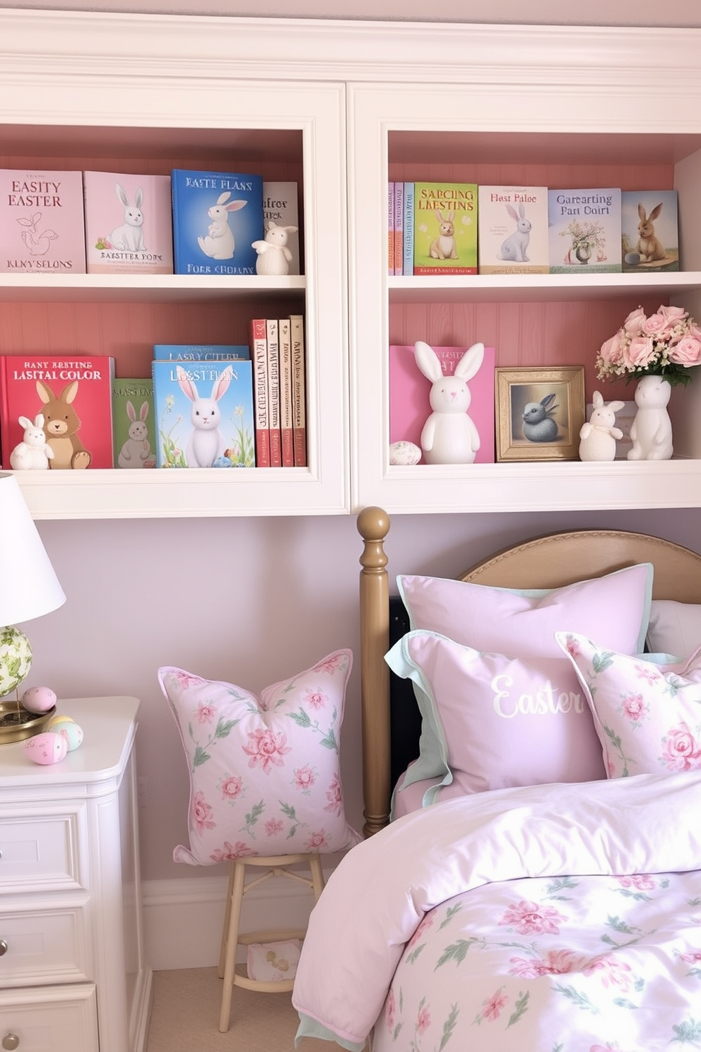 Easter themed books are beautifully arranged on open shelves, showcasing vibrant covers and pastel colors. The shelves are adorned with decorative bunnies and spring flowers, creating a cheerful atmosphere. The bedroom is styled with soft pastel bedding featuring floral patterns, complemented by plush pillows in shades of lavender and mint. Easter decorations, such as painted eggs and small bunny figurines, are tastefully placed on nightstands and dressers, enhancing the festive feel.