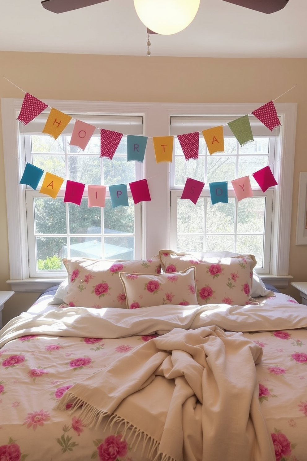 A cheerful bedroom adorned with colorful banners hung across the windows, creating a festive atmosphere. The bedding features pastel colors with floral patterns, complemented by plush pillows and a soft throw blanket.