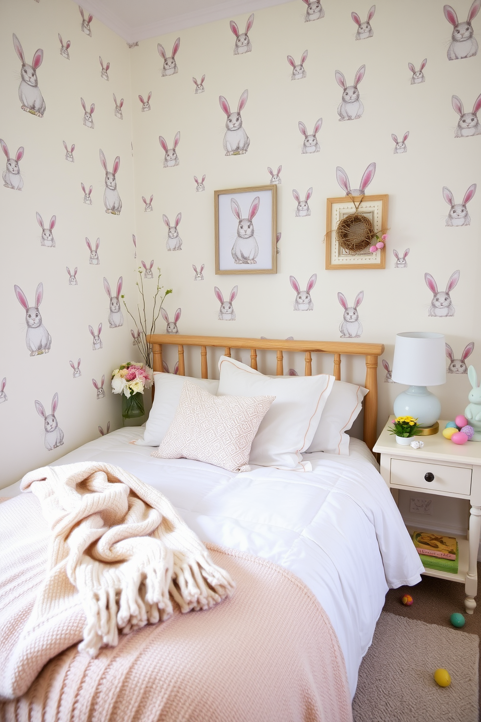 A charming bedroom adorned with whimsical bunny prints on the walls creates a playful and festive atmosphere. Soft pastel colors dominate the space, with a cozy bed dressed in light linens and a fluffy throw blanket. The decor features delightful Easter-themed accents, including colorful eggs and spring flowers scattered throughout. A whimsical nightstand lamp shaped like a bunny adds a touch of fun to the overall design.