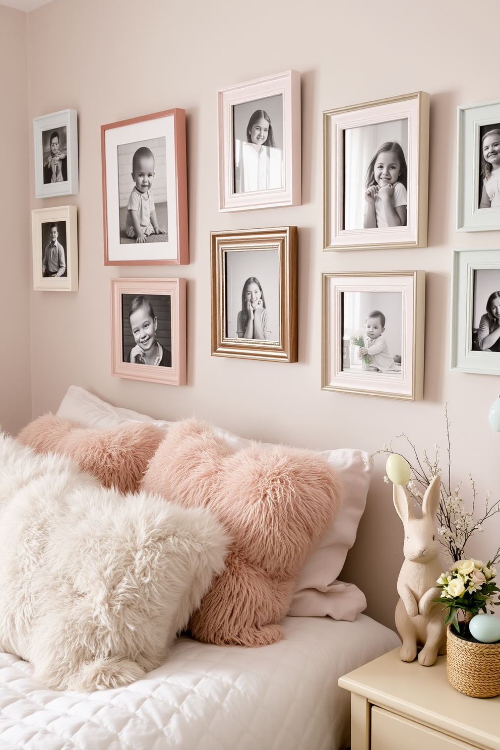 A serene bedroom setting adorned with pastel colored picture frames showcasing cherished memories. The walls are painted in soft hues, and a cozy bed with fluffy pillows invites relaxation. Easter decorations add a festive touch with delicate pastel eggs and floral arrangements. A charming bunny figurine sits on the bedside table, enhancing the seasonal ambiance.