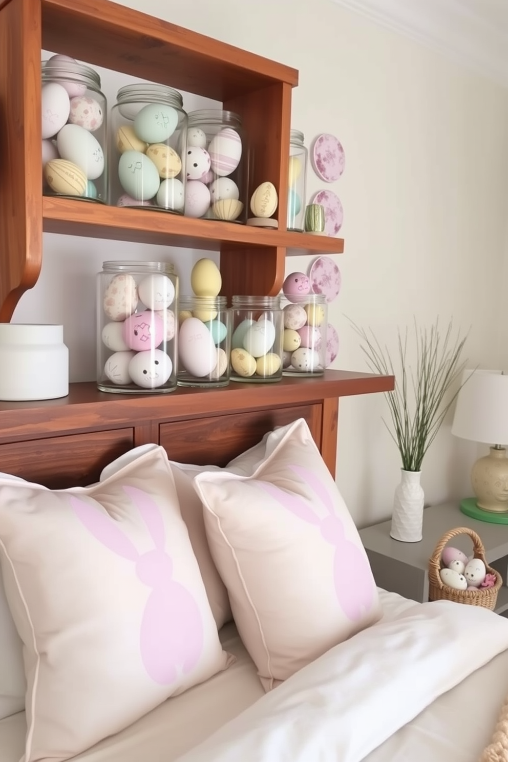 Decorative Easter eggs in glass jars arranged on a wooden shelf. The jars are filled with colorful eggs, showcasing pastel hues and intricate patterns, creating a festive focal point in the room. A cozy bedroom adorned with soft linens and Easter-themed decor. Plush pillows featuring bunny motifs complement the pastel color scheme, while a small basket of decorative eggs sits on the bedside table.