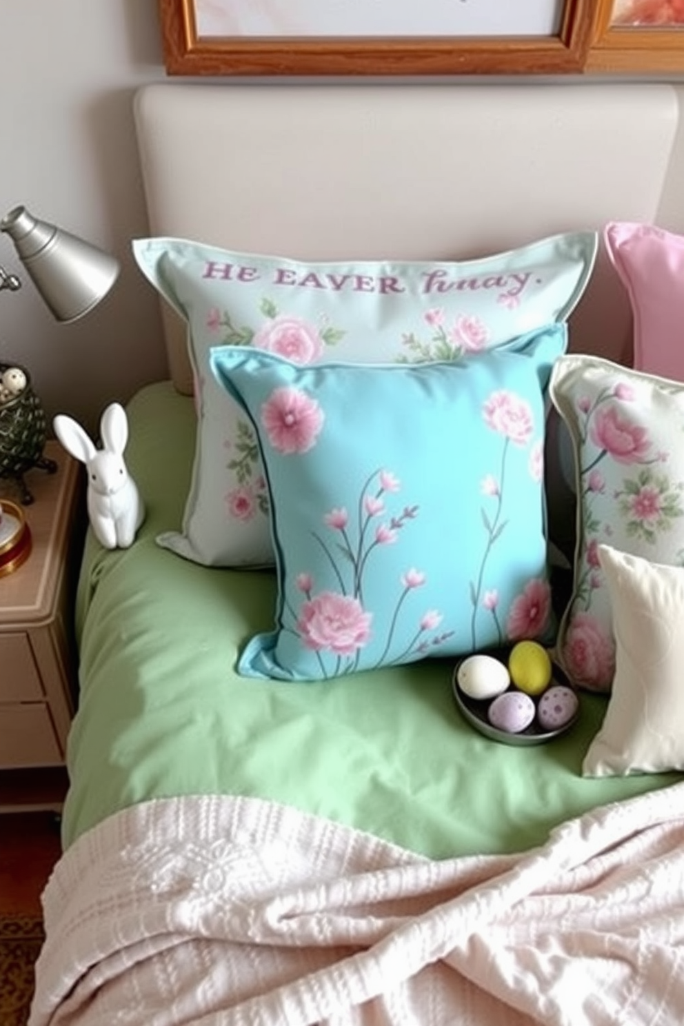 Seasonal cushion covers in pastel colors adorn a cozy bed, adding a fresh touch to the bedroom decor. The vibrant patterns feature floral designs and subtle hints of spring, creating a cheerful atmosphere for Easter celebrations. Decorative elements like bunny figurines and colorful eggs are artfully arranged on the bedside table. A soft throw blanket drapes over the corner of the bed, inviting relaxation and comfort during the holiday season.