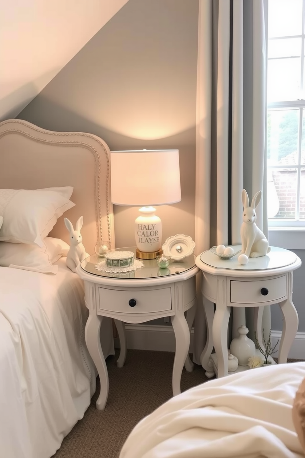 A serene bedroom setting featuring elegant bedside tables adorned with charming bunny figurines. The tables are styled with soft pastel colors and surrounded by subtle Easter decorations to create a festive yet calming atmosphere.