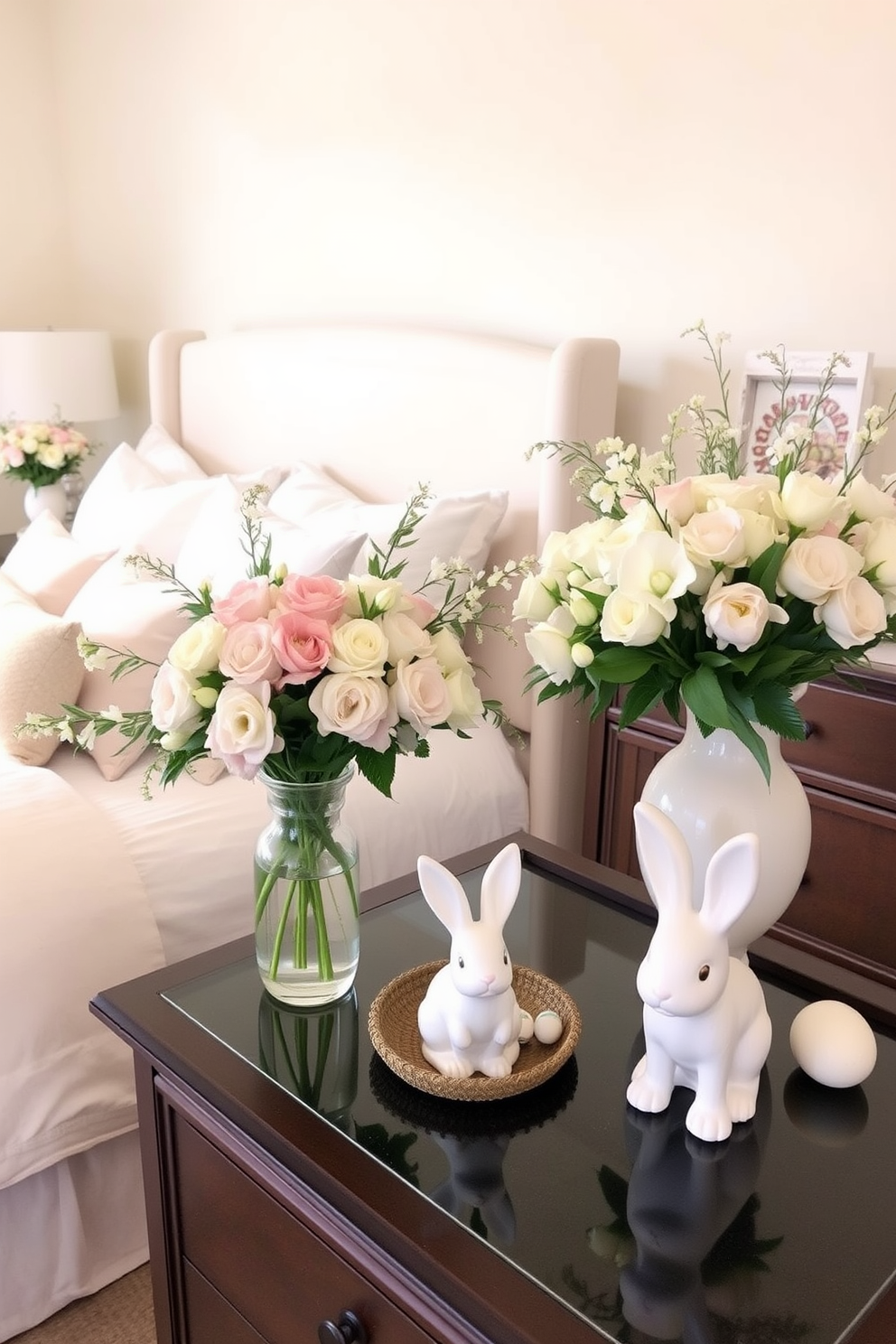 Create a serene bedroom setting decorated for Easter. There are elegant spring floral arrangements in various vases placed on nightstands and dressers, featuring pastel-colored blooms that evoke a sense of renewal and tranquility. The bedding is soft and inviting, with light-colored linens and decorative pillows that complement the floral theme. Subtle Easter accents, such as decorative eggs and bunny figurines, are thoughtfully arranged to enhance the festive atmosphere while maintaining a sophisticated look.