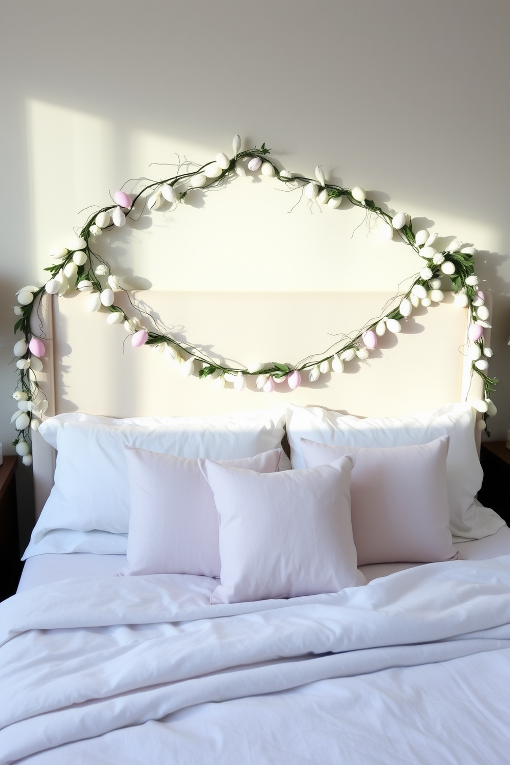 A cozy bedroom adorned with an Easter garland draped elegantly over the headboard. The soft pastel colors of the garland complement the light bedding and create a festive, inviting atmosphere.