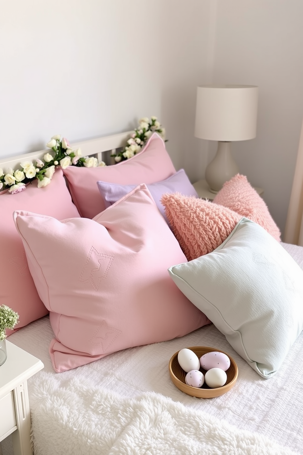 A cozy bedroom adorned with pastel colored throw pillows arranged neatly on a plush bed. The soft hues of pink, lavender, and mint create a serene atmosphere, complemented by delicate Easter decorations like floral garlands and painted eggs on the bedside table.