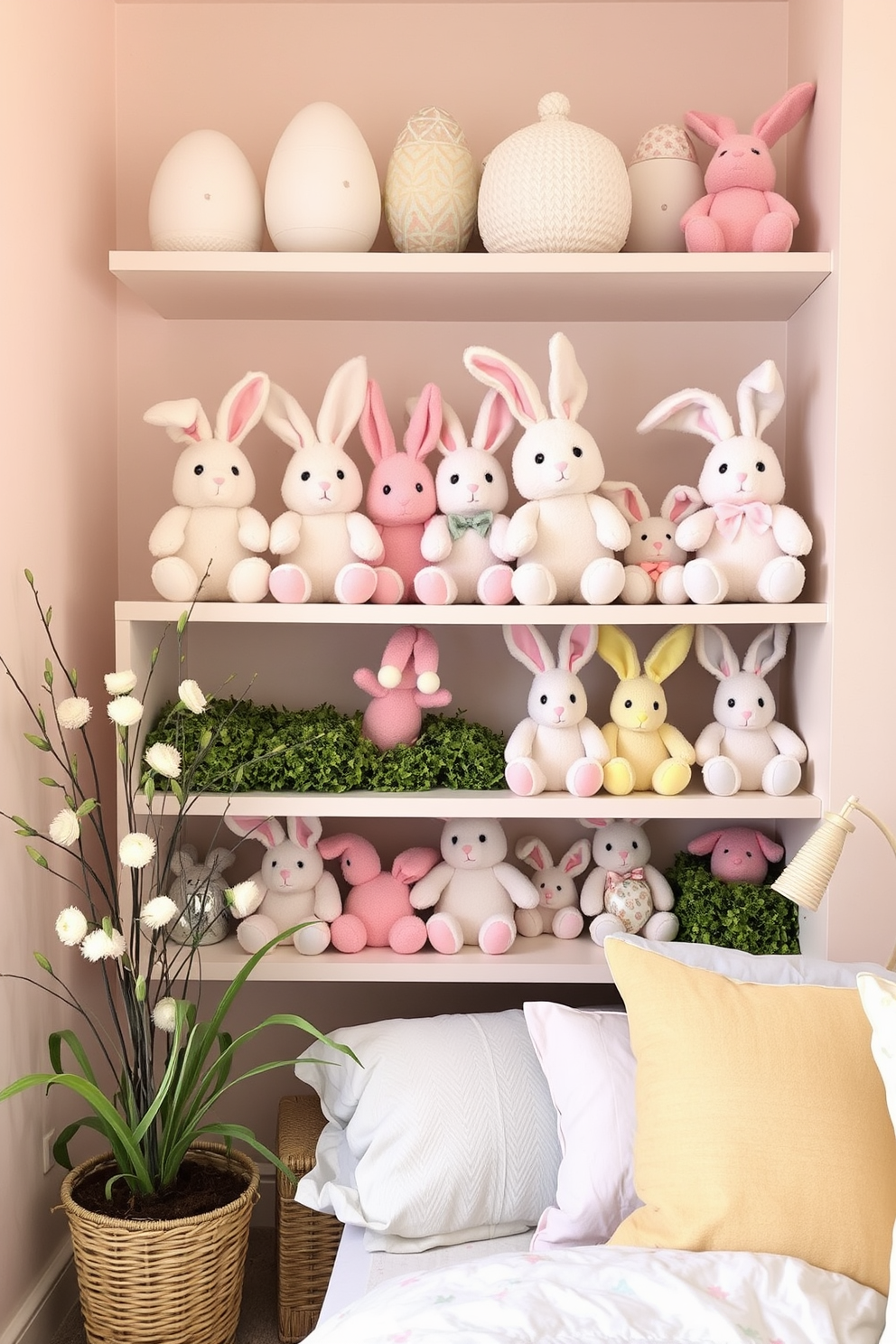 A cozy bedroom filled with Easter spirit. Shelves are adorned with various Easter bunny plush toys in pastel colors, creating a cheerful atmosphere.