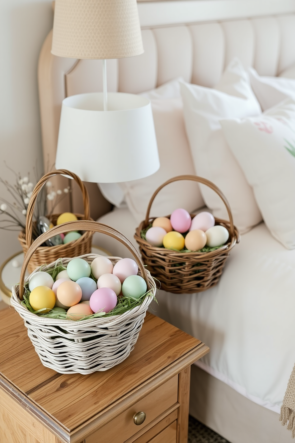 A cozy bedroom is adorned with decorative baskets filled with colorful eggs in pastel shades. The baskets are placed on a wooden nightstand next to a plush bed dressed in soft linens and spring-themed pillows.