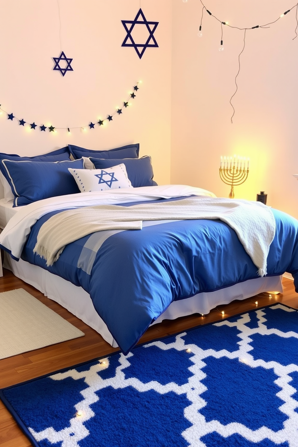 A cozy bedroom featuring a blue and white bedding set with plush pillows and a soft throw blanket draped over the edge of the bed. The walls are painted in a soft white hue, and a festive menorah is placed on the nightstand, adding a warm glow to the room. The bedding is complemented by a matching blue and white area rug that adds texture to the hardwood floor. Hanukkah decorations, such as star of David ornaments and string lights, are tastefully arranged around the room to create a cheerful atmosphere.