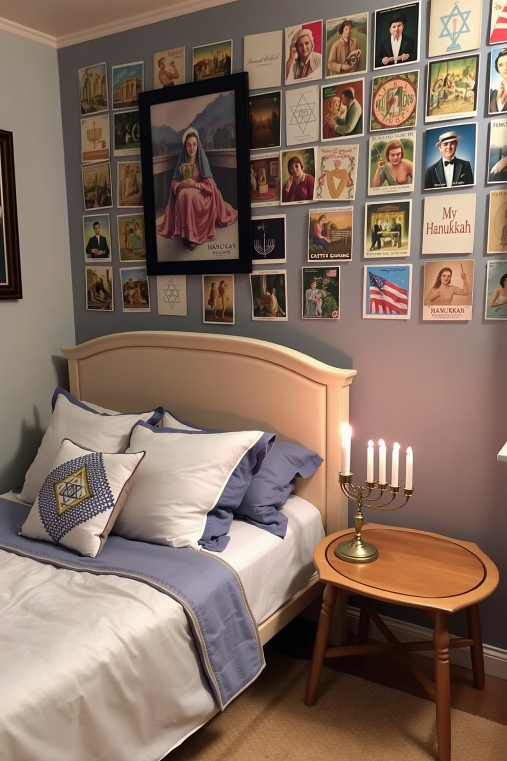 A cozy bedroom adorned with vintage Hanukkah postcards as wall decor. The postcards, featuring traditional symbols and festive colors, create a warm and inviting atmosphere. A beautifully made bed is dressed in soft blue and white linens, complemented by decorative pillows that echo the Hanukkah theme. A small table beside the bed holds a menorah, illuminated by soft candlelight, enhancing the festive feel of the room.