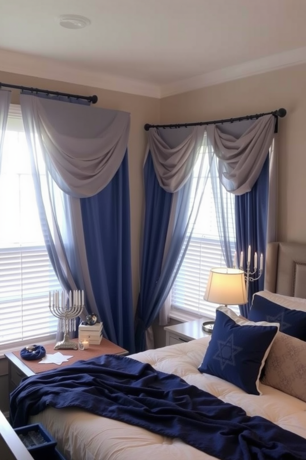 A cozy bedroom decorated for Hanukkah features blue and silver curtains that drape elegantly over the windows, adding a festive touch to the space. Soft lighting illuminates the room, highlighting decorative elements like a menorah on the dresser and themed pillows on the bed.