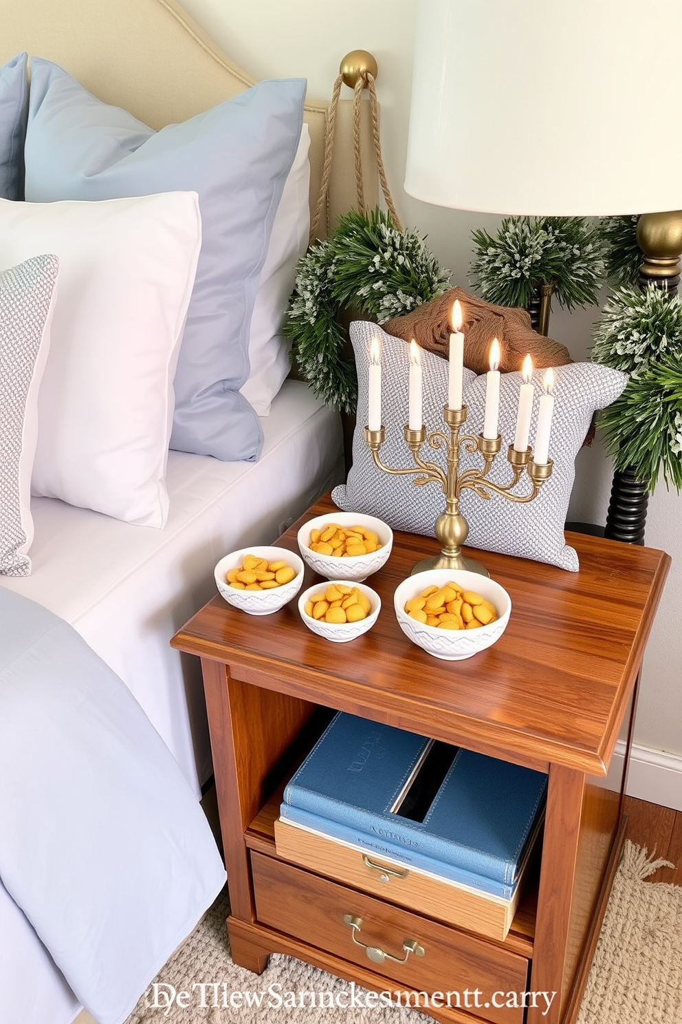 A cozy bedroom setting adorned for Hanukkah. On a wooden nightstand, decorative bowls filled with gelt create a festive touch, complemented by soft blue and silver accents throughout the room.