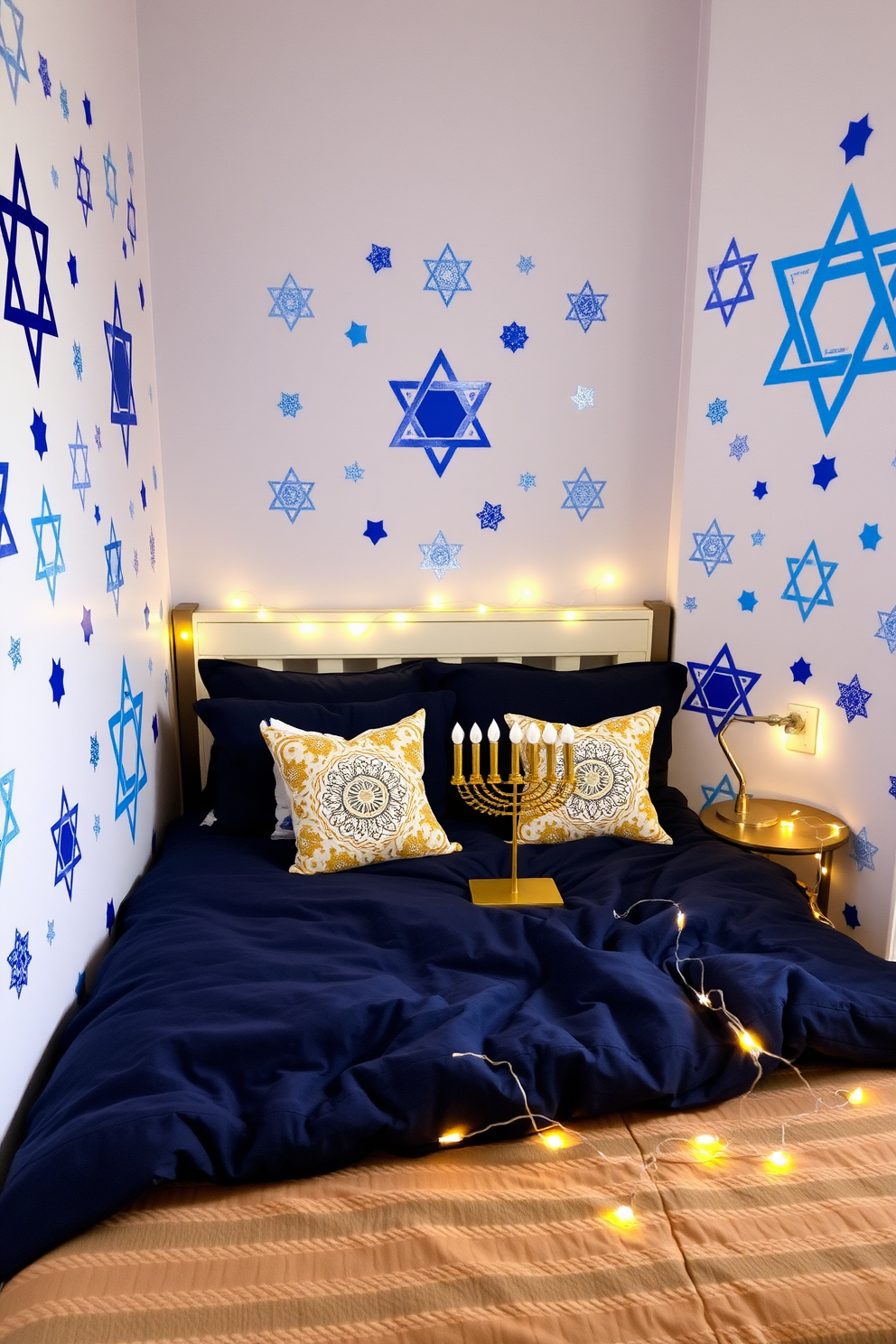 A cozy bedroom adorned with Hanukkah themed wall decals. The walls feature vibrant blue and silver designs, including Stars of David and menorahs, creating a festive atmosphere. On the bed, a plush navy comforter is complemented by decorative pillows with gold and white patterns. A small table beside the bed holds a menorah, ready for the celebration, and a string of fairy lights adds a warm glow to the room.