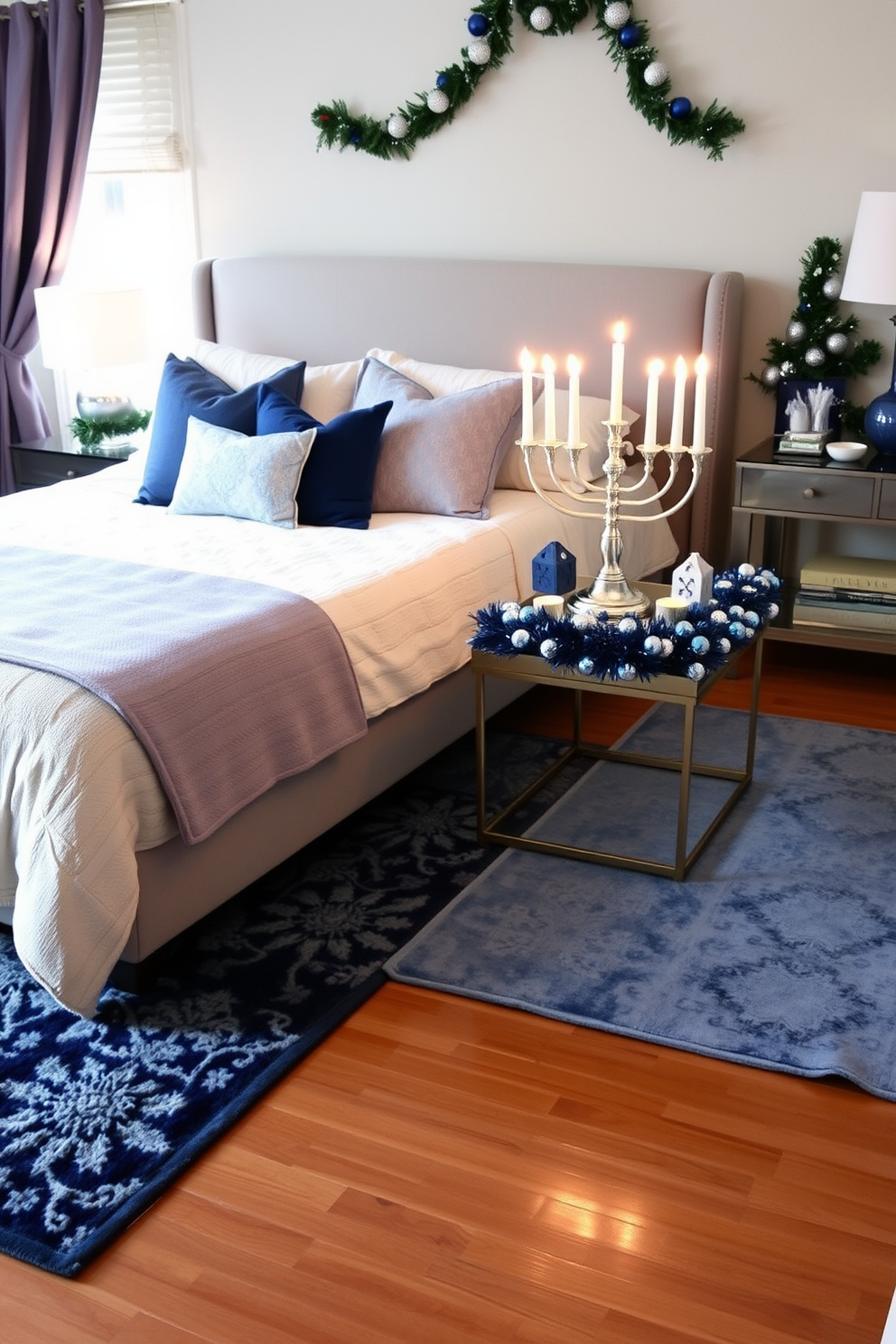 Layered area rugs in blue tones create a cozy and inviting atmosphere in the bedroom. The rugs are placed under a plush bed, complementing the soft bedding and accent pillows. For Hanukkah decorating ideas, elegant blue and silver accents adorn the space. A beautifully lit menorah sits on a side table, surrounded by decorative dreidels and festive garlands.