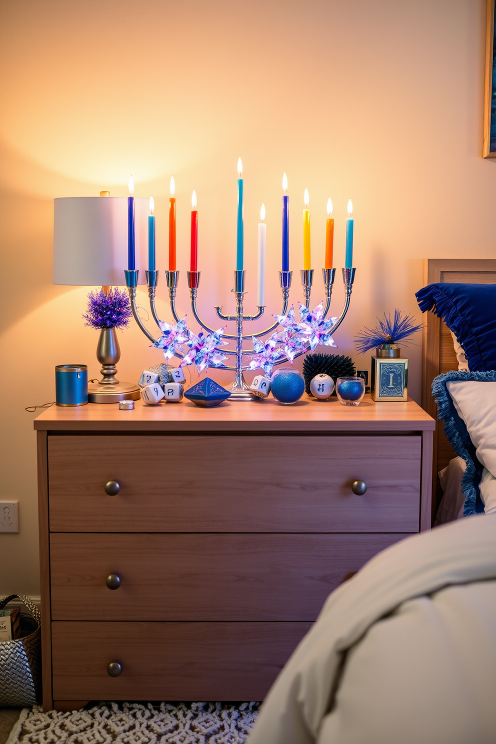 A creative menorah display is arranged on a sleek wooden dresser. The menorah is adorned with colorful candles and surrounded by festive decorations that evoke the spirit of Hanukkah. The dresser is complemented by soft lighting that enhances the warm ambiance of the bedroom. Decorative elements like dreidels and blue and silver accents complete the Hanukkah decorating theme.