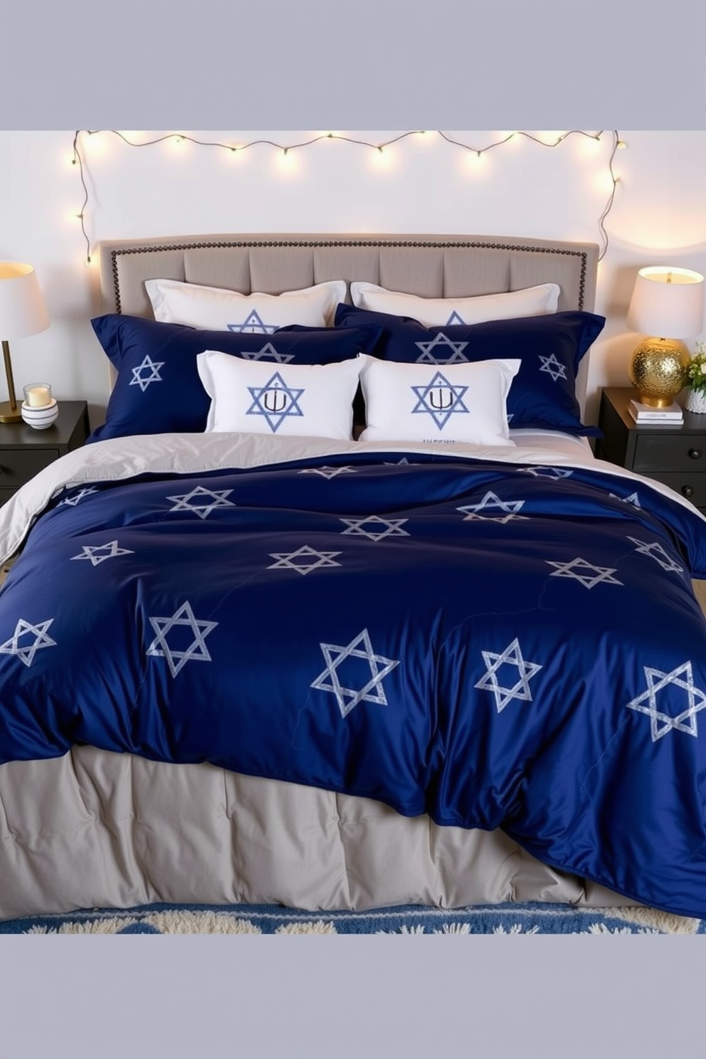 Chic Hanukkah themed bedding accessories adorn the bed with a rich blue duvet featuring silver Star of David patterns. Complementing the duvet are plush white pillows embroidered with menorahs, creating a festive yet elegant atmosphere. The bedroom is decorated with subtle string lights draped above the headboard, casting a warm glow in the evening. A soft area rug in shades of blue and gold ties the room together, enhancing the cozy holiday spirit.