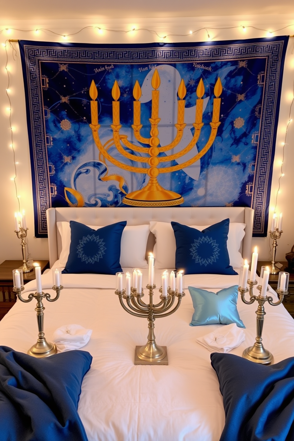 A stunning bedroom featuring an artistic Hanukkah themed wall tapestry that showcases vibrant blue and gold colors. The tapestry hangs above a plush white bed adorned with decorative pillows in shades of blue and silver, creating a festive yet cozy atmosphere. On the nightstands flanking the bed, elegant menorah candle holders are placed, each holding lit candles that cast a warm glow. The room is softly illuminated by string lights draped across the ceiling, enhancing the celebratory mood of the Hanukkah decor.