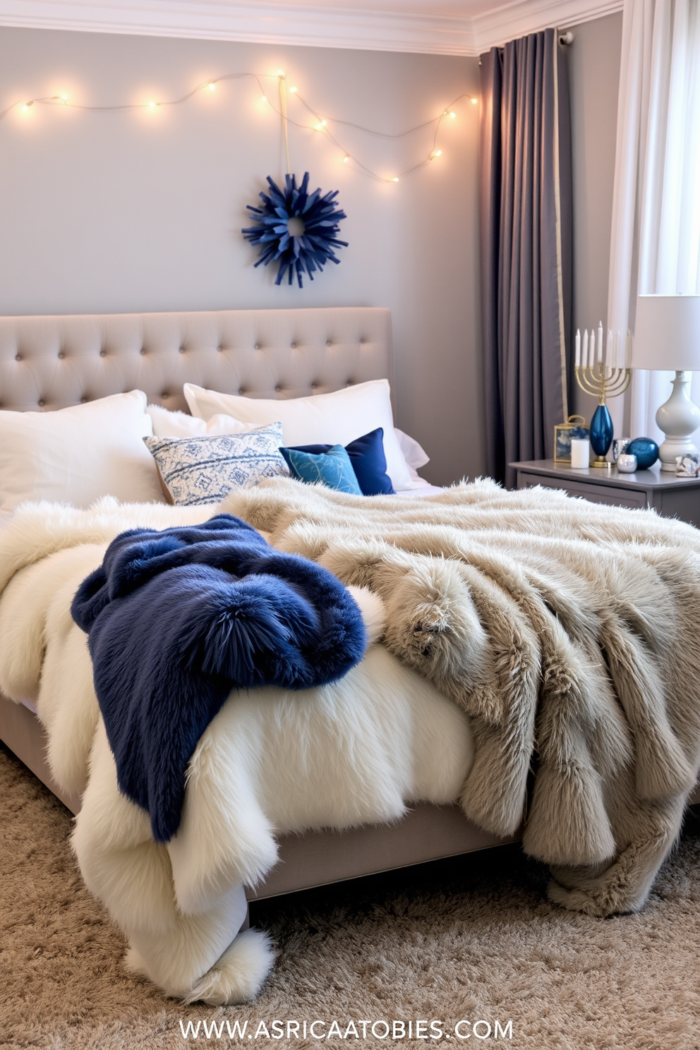 A cozy bedroom adorned with faux fur throws draped over a plush bed. The throws add warmth and texture, complementing the soft, muted color palette of the room. For Hanukkah, the bedroom features elegant blue and silver decorations, including a menorah on the nightstand. String lights twinkle softly above the bed, creating a festive and inviting atmosphere.