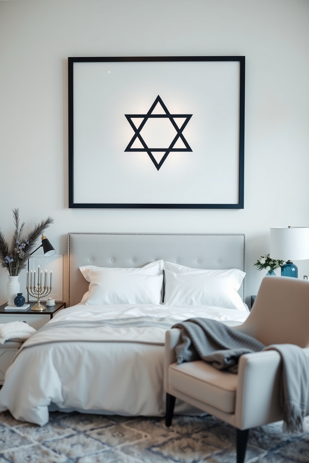 A serene bedroom featuring a prominent Star of David wall art display. The art is framed in a sleek black frame and positioned above a plush bed dressed in soft white linens. The room is adorned with subtle Hanukkah decorations, including a menorah on the nightstand and blue and silver accents throughout. A cozy armchair in the corner invites relaxation, complemented by a warm throw blanket.