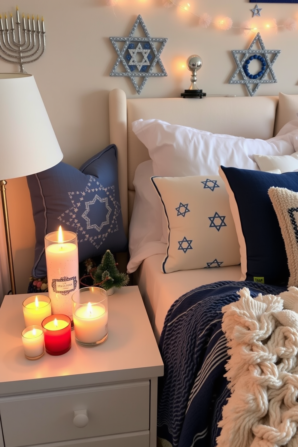 Create a cozy bedroom atmosphere featuring seasonal scented candles placed on a bedside table. The candles emit a warm glow, enhancing the festive decor inspired by Hanukkah traditions. Incorporate blue and white color schemes with decorative menorahs and star of David accents throughout the room. Soft textiles such as plush throw blankets and decorative pillows add comfort and style to the festive setting.