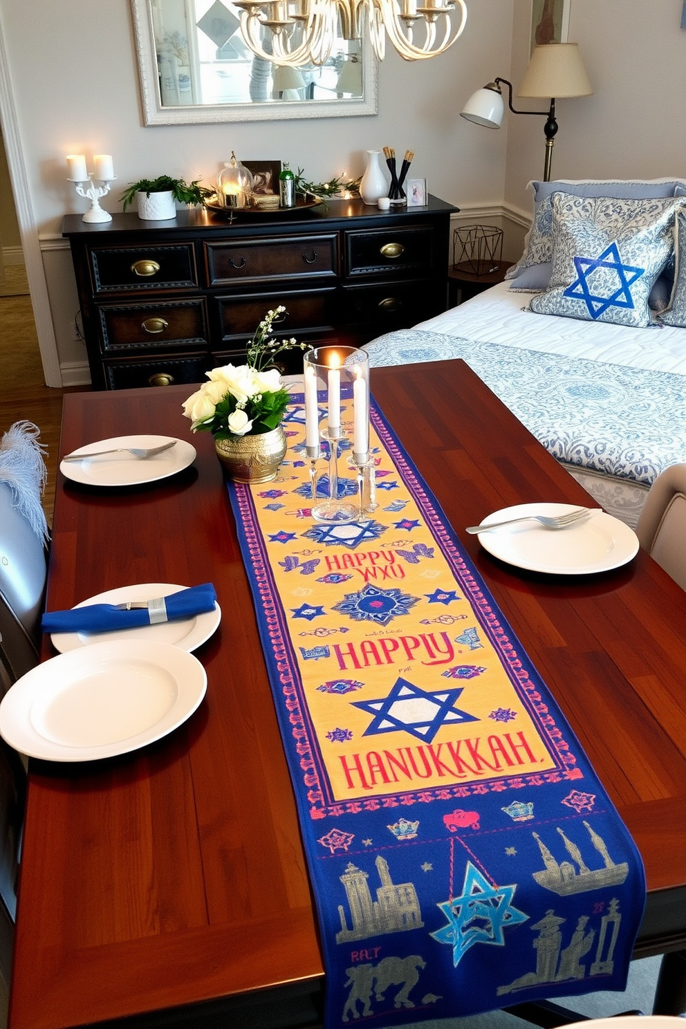 A vibrant Hanukkah themed table runner stretches across a beautifully set dining table. The runner features traditional symbols and colors, enhancing the festive atmosphere of the celebration. In the bedroom, soft blue and silver accents create a serene Hanukkah ambiance. Decorative pillows with Star of David motifs and twinkling fairy lights add a cozy touch to the space.