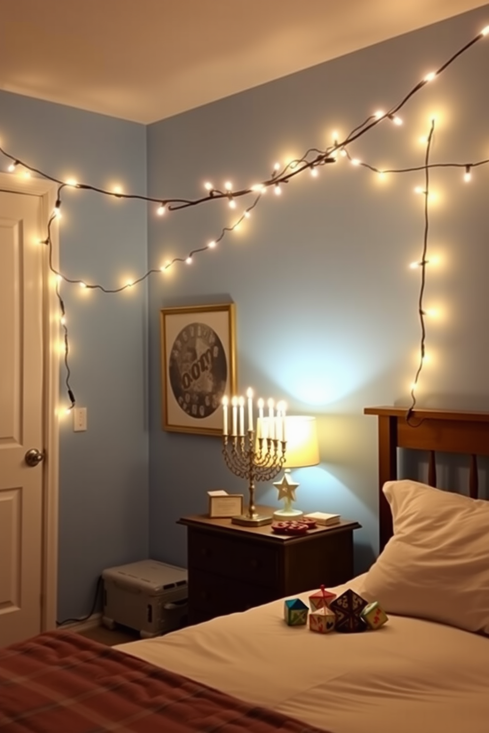 A cozy bedroom adorned with festive string lights draped across the ceiling, casting a warm and inviting glow. The walls are painted in soft blue tones, and a beautifully decorated menorah sits on the bedside table, surrounded by colorful dreidels.