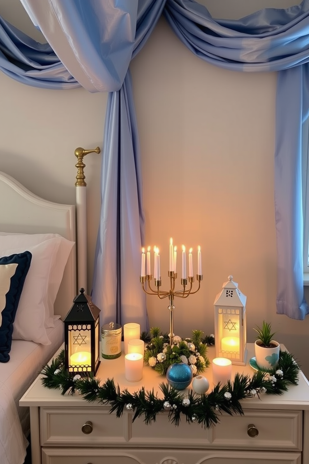 A cozy bedroom adorned for Hanukkah. Decorative lanterns featuring traditional Hanukkah symbols are placed on the nightstands, casting a warm glow throughout the space. The walls are draped with soft blue and silver fabrics, creating a serene atmosphere. A beautifully arranged menorah sits on the dresser, surrounded by festive decorations that enhance the holiday spirit.