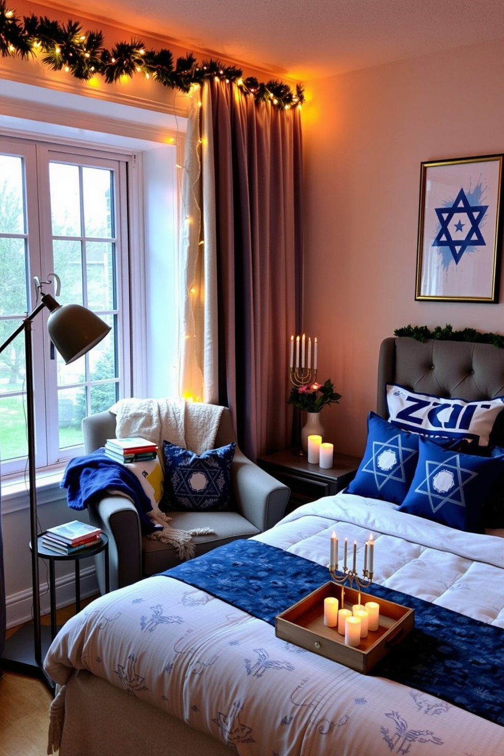 Cozy reading nook with festive decor. A plush armchair is positioned next to a large window, adorned with soft, warm blankets and a stack of colorful books on a small side table. The space is illuminated by a stylish floor lamp with a warm glow. Twinkling fairy lights are draped along the window frame, creating a magical atmosphere perfect for holiday reading. Bedroom Hanukkah Decorating Ideas. The room features a beautifully made bed with blue and white bedding, accented by decorative pillows with Star of David motifs. A menorah is placed on the nightstand, surrounded by festive candles. Wall art depicting traditional Hanukkah symbols adds a cultural touch to the serene space.